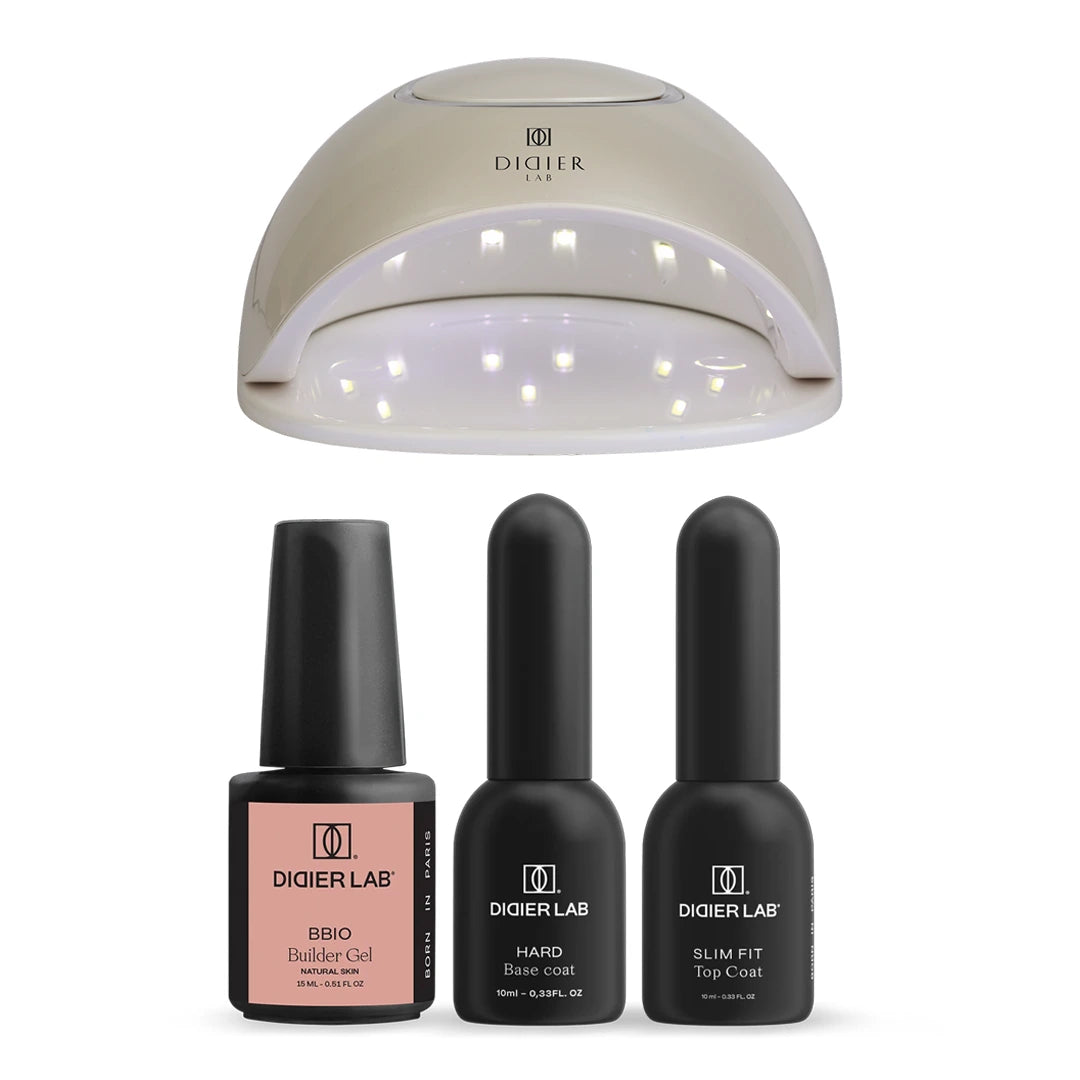 Set Lampada LED/UV + Hard base + Builder Gel BBIO + Top coat no wipe Slim Fit